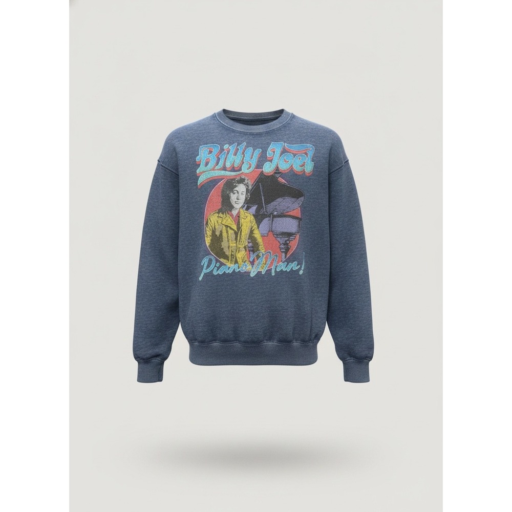 Billy Joel Piano Man Graphic Sweatshirt Blue Acid Wash Mens Small Concert Tour